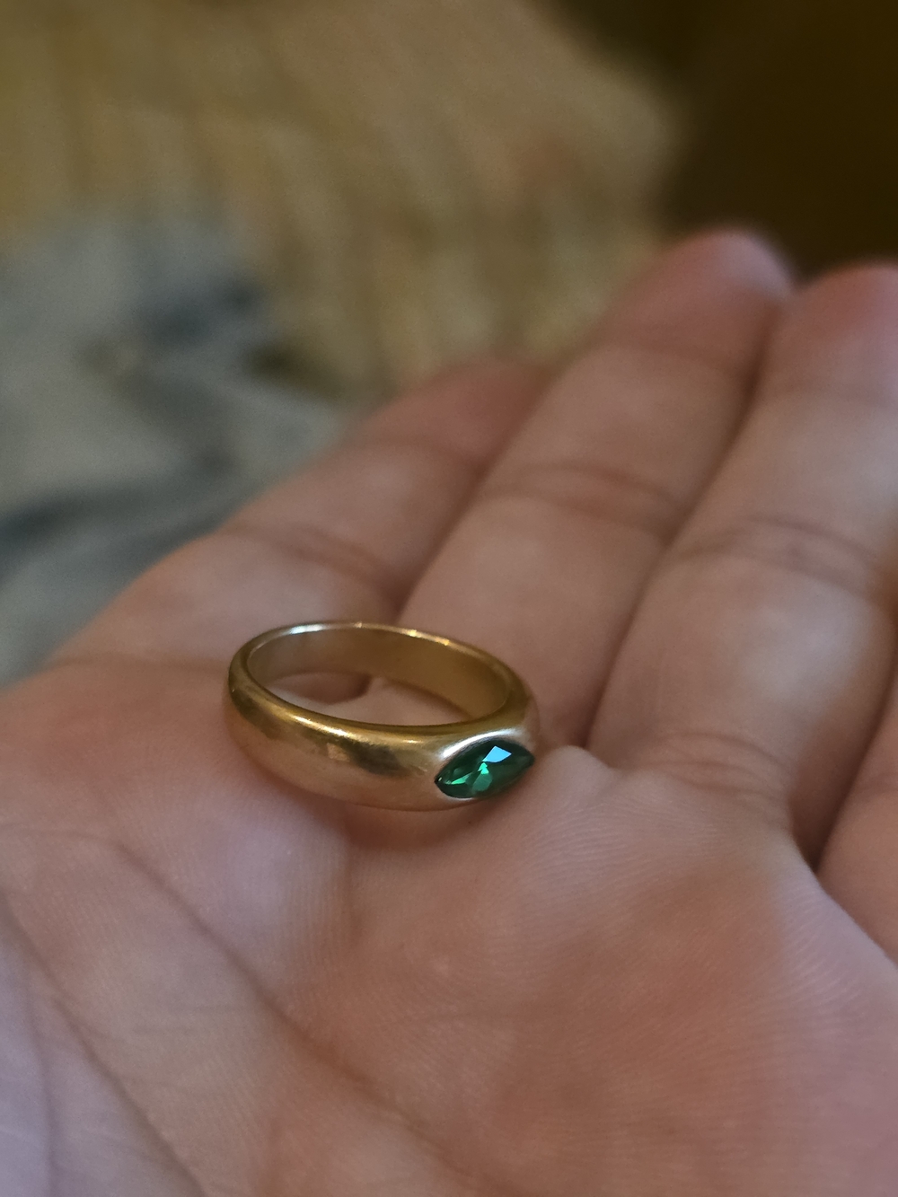 Gold Band Ring with Emerald Green Stone